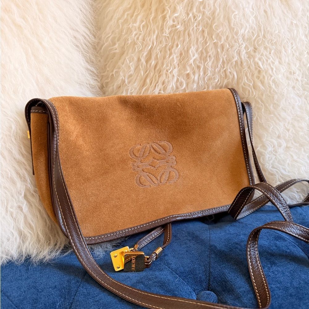 1990s Vintage LOEWE Suede Anagram Crossbody Bag Brown